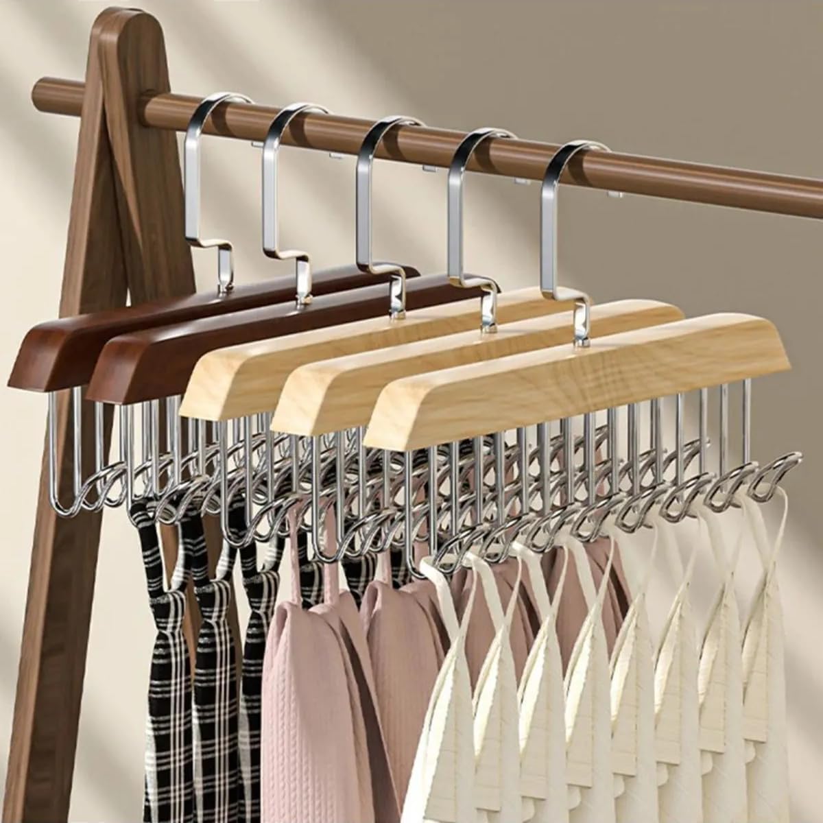 8 Kancalı Ahşap Kemer, Kravat ve Eşarp Askısı, Dolap Organizeri