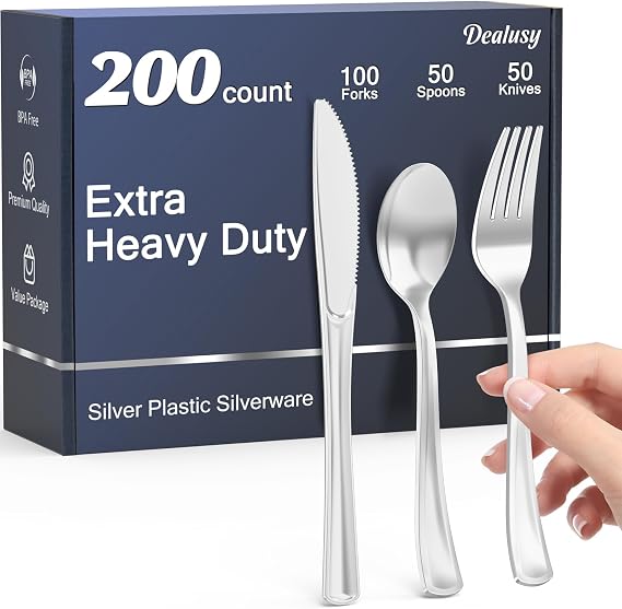 Dealusy 200 Count Heavy Duty Silver Plastic Silverware, 100 Forks, 50 Spoons, 50 Knives, BPA-Free, Heat Resistant, Disposable Plastic Utensils Set Cutlery Set, Plasticware Bulk