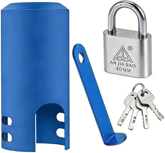 Outdoor faucet lock, hose connector, metal construction, suitable for garden faucets, hose connectors, and water pipes; faucet lock to prevent water theft (blue with padlock) | Prevent Water Theft - Secure outdoor faucet from unauthorized use, saving water and reducing utility bills.