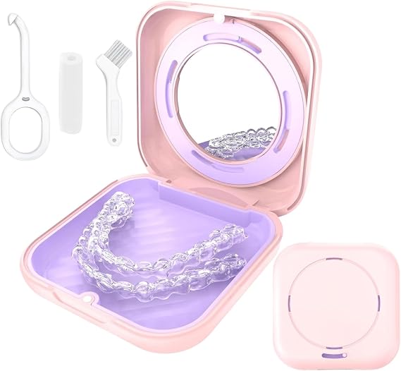 Retainer Case Slim Aligner with Vent Holes, Compatible with Invisalign, Mouth Guard Cases with Mirror, Cute Orthodontic Retainer Case with Retainer Removal Tool and Brush (Pink)
