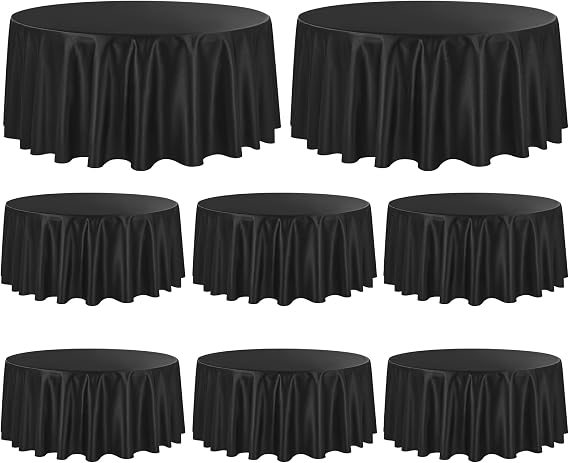 8 Pack Black Satin Round Tablecloths, 90 Inch, Fits 8 FT Tables