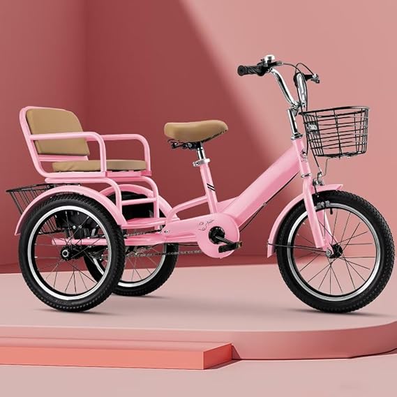 3 Wheels Bicycle with Back seat,Trike with armrest,Handle Lever Linkage Front and Rear Brakes,tricycles with Front and Back Baskets (Pink 16 in)
