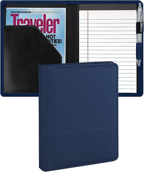 Mini Padfolio/Junior Portfolio Folder Case, Business A5 Binder Organizer Notepad for Men Women, 5 x 8 Writing Pad Included.Navy Blue.