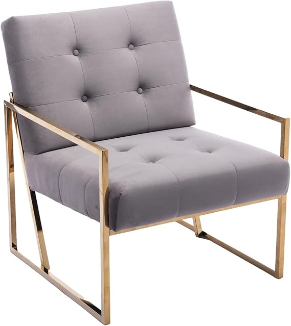 Mid-Century Accent Chair Metal Frame Velvet Armchair Soft Upholstered Tufted Dining Chair Single Sofa Chair for Living Room, Bedroom, Non-Slip Adsorption Feet