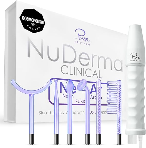 Pure Daily Care NuDerma Clinical Portable Skin Therapy Wand, Machine with 6 Fusion Neon + Argon Wands Anti Aging - Clarifying - Skin Tightening & Radiance - Wrinkle Reducing