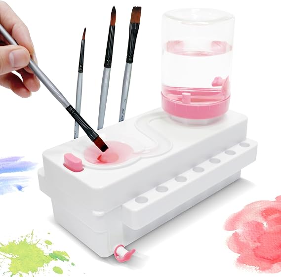 Paint Brush Cleaner Set, Paint Brush Rinser with Drain and Brush Holder, Water Circulation Paintbrush Cleaner Rinser for Acrylic, Watercolor, Water-Based Art Supplies Paint Brush Cleaner Tool, Pink