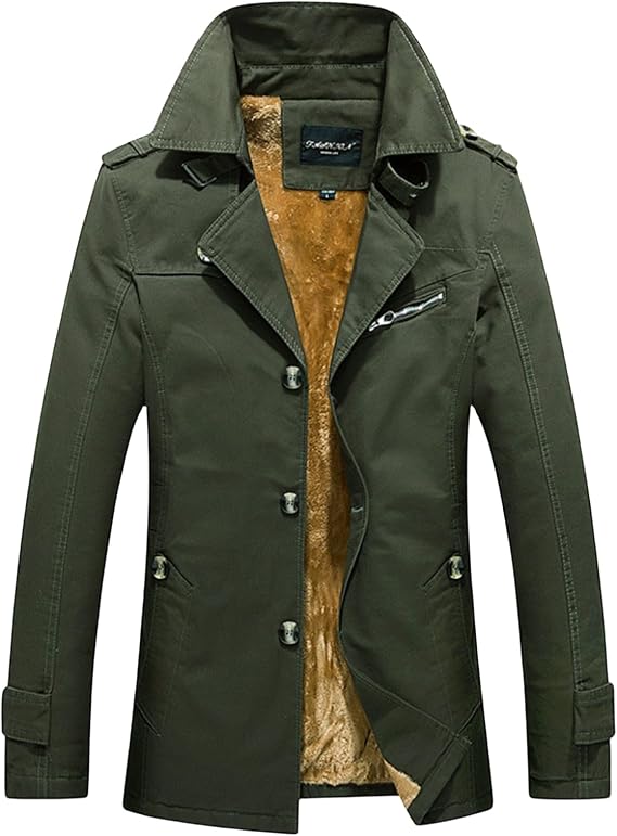 Men's Winter Warm Sherpa Lined Trench Coat Thickened Single Breasted Windproof Military Outdoor Overcoat