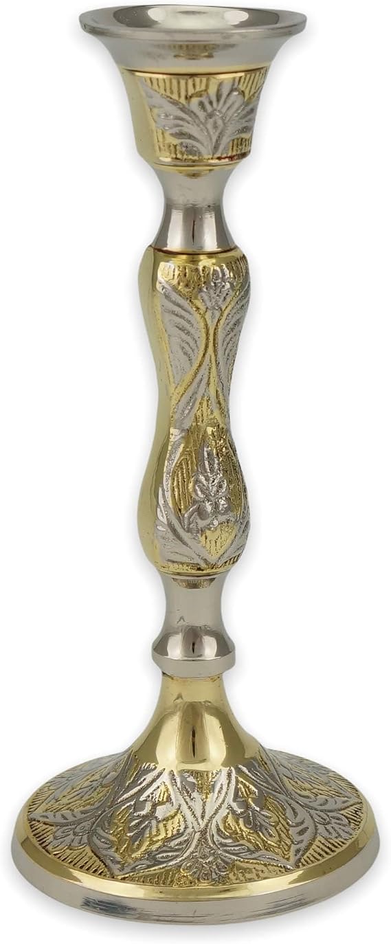 Ornate Gold-Silver Taper Candle Holder - Home Icon Altar, Prayer Corner