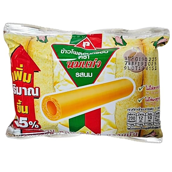 Pack of 6 Thai Corn Puff Rolls Snack 30g/pack Sweet & Creamy Milk Flavor, Made from Real Corn, Crispy & Delicious Thailand Crunchy Corn Snack