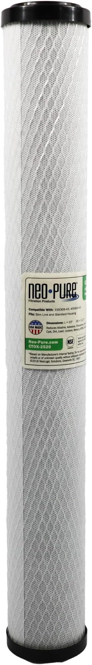 Neo-Pure CTOX-2520 Carbon Block Filter (20" x 2.5") | Advanced Coconut Shell Carbon | 0.5 Micron Filtration for Effective Reduction of Chlorine, Sediment, and Contaminants