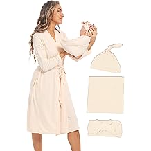 QTECLOR Maternity Robe with Matching Swaddle Blanket Set,Maternity Barhrobe Delivery Labor Robe for Hospital Women Dress