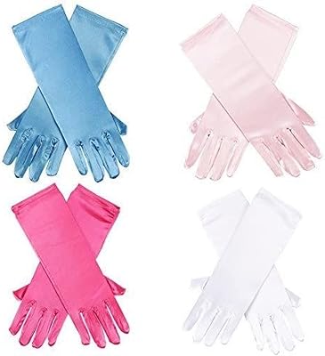 BLUE PANDA 4-Pair Princess Dress Up Gloves for Toddlers 3-5 - Small 9.75-Inch Satin Kids Bundle: Baby Pink, Hot Pink, White & Blue - Long Princess Gloves Toddler - Weddings & Birthdays