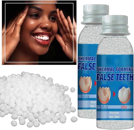 Provisional Tooth Repair Kit, Provisional Fake Teeth Replacement Kit for Provisional Restoration of Missing & Broken Teeth Replacement Dentures, DIY Heat Fit Beads. 30Ml -2 Bottle