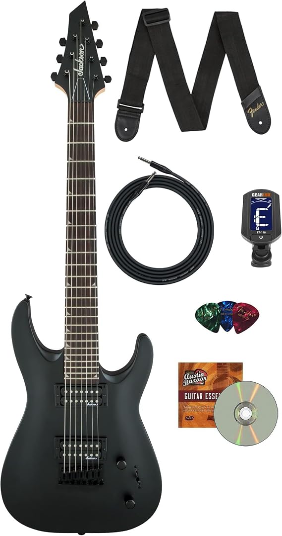 Jackson JS Series Dinky Arch Top JS22-7 DKA HT 7-String Electric Guitar - Satin Black Bundle with Cable, Tuner, Strap, Picks, and Austin Bazaar Instructional DVD
