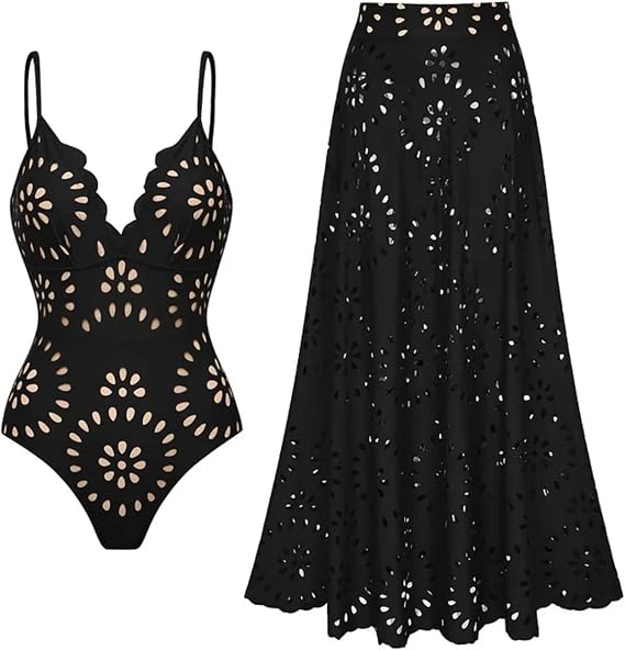 FLAXMAKER Women's One Piece Bathing Suit Petal Hollow V Neck Swimsuit and Skirt