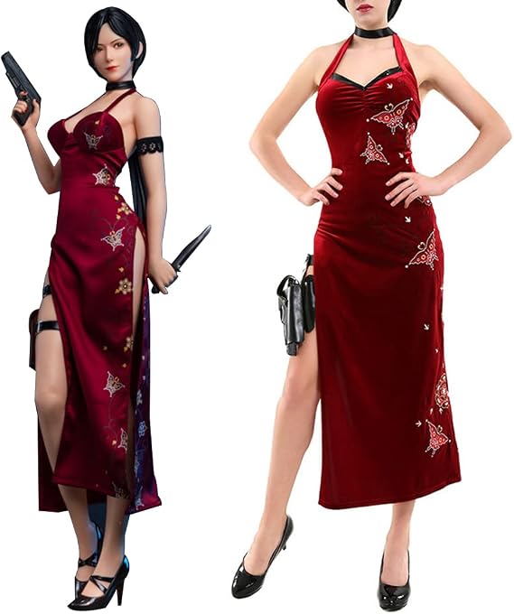 Ada Wong Cosplay Red Cheongsam Sexy Cosplay Hanging Neck Dress Halloween Full Set with Wig