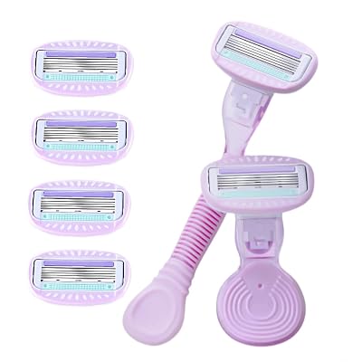 2 Handles  6 Blades Women Razor Kit Shaver Replacement Heads Bikini Hair Removal Tool Non-Slip Travel Carry-Purple