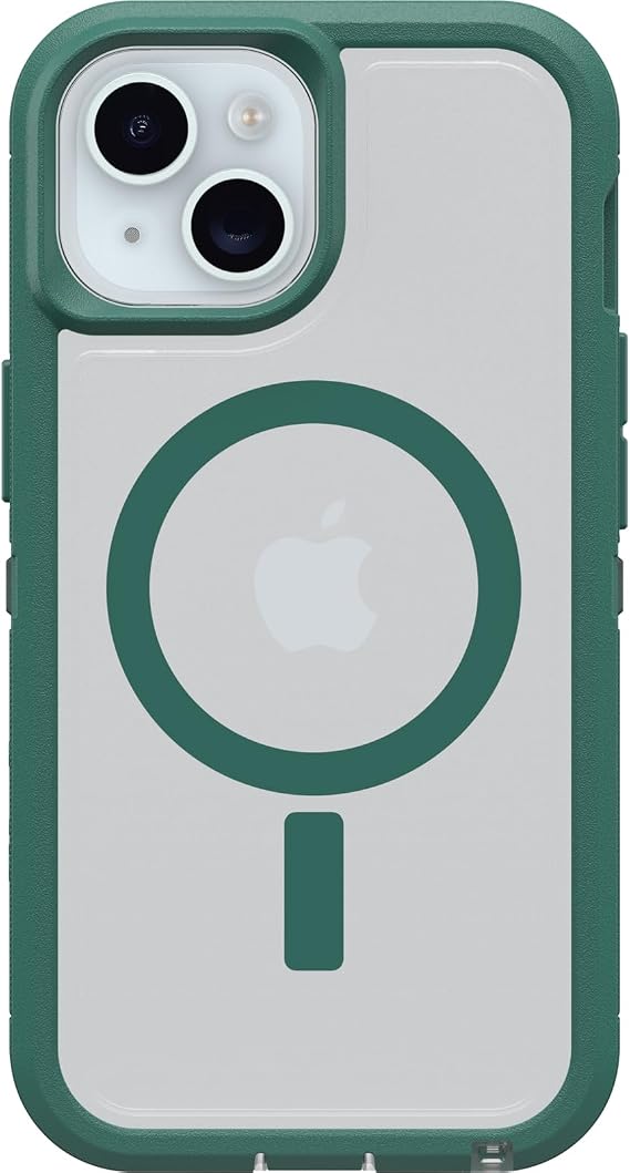 OtterBox iPhone 16e, 15, 14, 13 Defender Series XT Clear Case - Velvet Evergreen (Clear), screenless, Rugged, Snaps to MagSafe, Lanyard Attachment