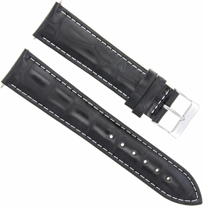 Ewatchparts 19mm Leather Watch Band Strap Compatible With Montblanc 19/18mm Watch Black With White Stitching