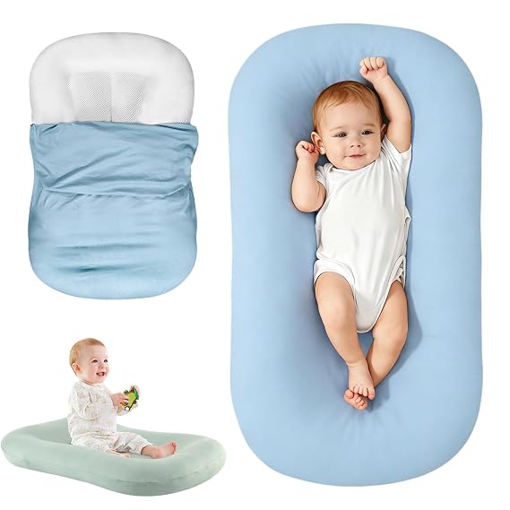 Baby Tummy Time Mat, Blue | Portable Infant Support Cushion With Removable Cover, Home & Travel, Soft Breathable, Supervised Use, Baby Essentials Gift