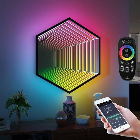Infinity Mirror, Infinity Mirror Sensory Tunnel Night Light, Smart Wall-Mounted Mirrors Atmosphere Lamp, Multi Color Changing Light for Home Bedroom Living Room Party Bar Decor,Hexagon-70cm/27.5in
