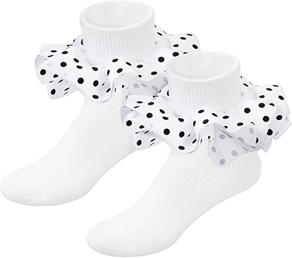 Durio Toddler Girls Ruffle Socks Polka Dot Frilly Ankle 1-10 Years | Breathable Fabric, Foldable Stretch Cuff, Suits School Uniforms, Performances, Weddings, Parties, Cosplay, Festival Events