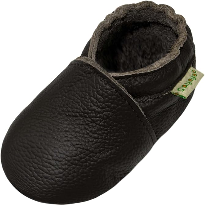 SAYOYO Soft Sole Baby Shoes First Walking Leather Toddler Moccasins Slip-on Crib Infant Slippers with Elastic Ankle Anti-Slip Soles Pre-Walker Shoes for Boy Girl (12-18 Months, Brown)