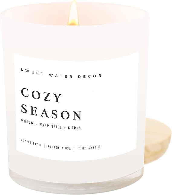 Sweet Water Decor Cozy Season Soy Candles - Fall Candles with Woods, Warm Spice, and Citrus Scent for Home Decor - Soy Candle with 50 Hours Burn Time - 11Oz Wood Lid White Jar Candles Fall Scents