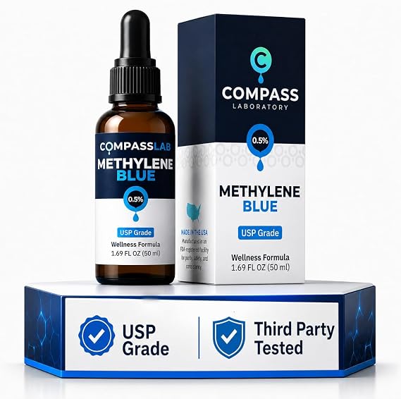 COMPASS LABORATORY Methylene Blue Pharmaceutical Grade, USP Grade, Third-Party Tested Dietary Supplement for Humans, No Formaldehyde, Made in USA (0.5% 50ml Bottle)