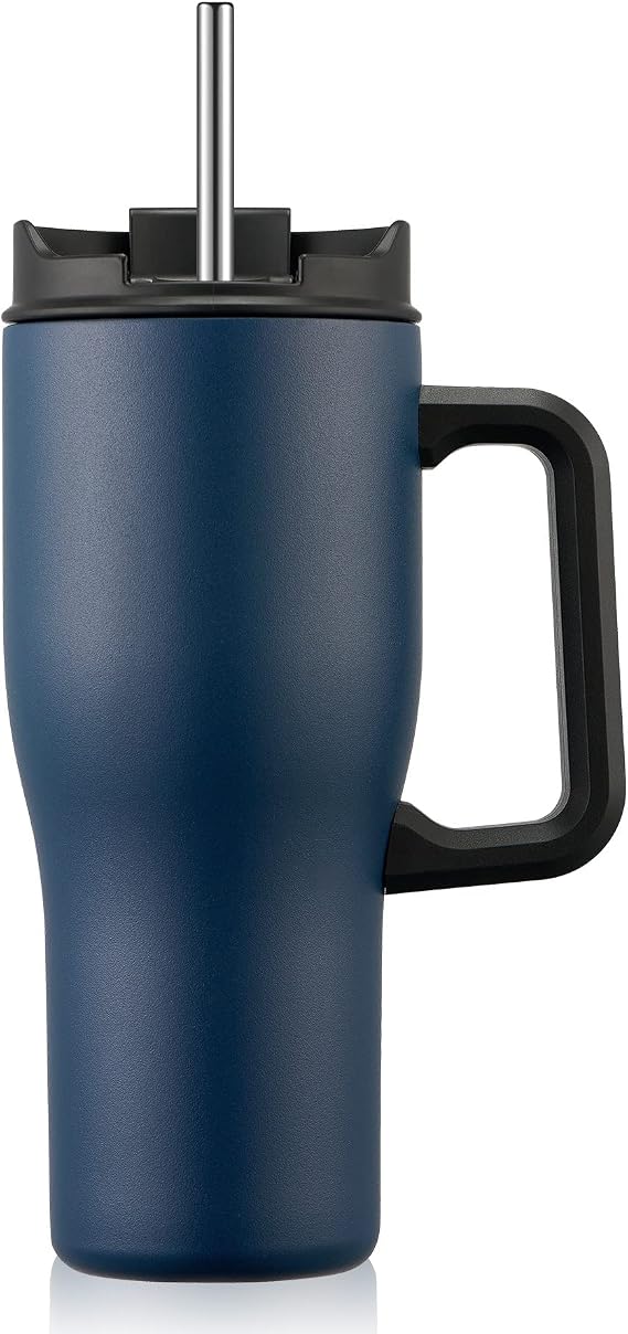 CIVAGO 30 oz Insulated Tumbler with Large Handle, Stainless Steel Travel Coffee Mug with Lid and Straw, Double Wall Vacuum Water Bottle Cup, Leakproof, Navy