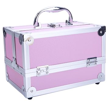 Professional Portable Makeup Train Case, Aluminum Makeup Train Case Jewelry Box Cosmetic Storage Organizer with Mirror (Pink)