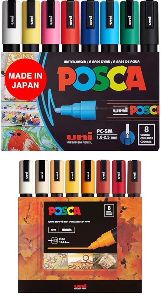 posca Markers Bundle, 16 Medium Paint Markers 5M - 8 Warm Tones + 8 Multicolor Tones