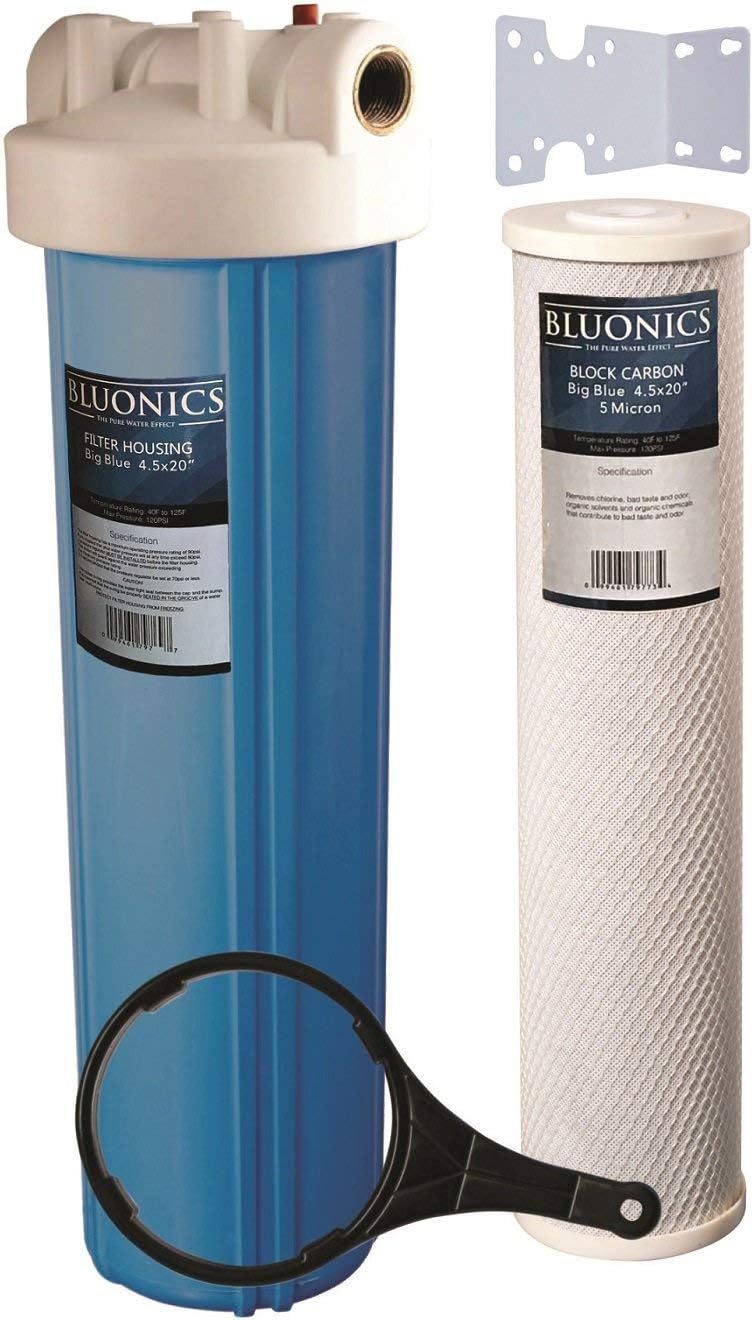 BLUONICS 4.5 x 20 Whole House Water Filter 5 Micron Carbon Block for Chlorine, Bad Taste and Odor