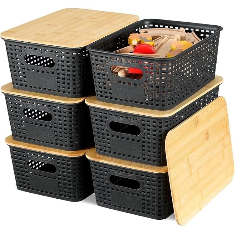 Storage Bins with Lids 6 Pack, Plastic Storage Basket with Bamboo Lids for Pantry Organization and Storage Containers for Shelves Drawers Desktop Closet Playroom Classroom Office Home, Black