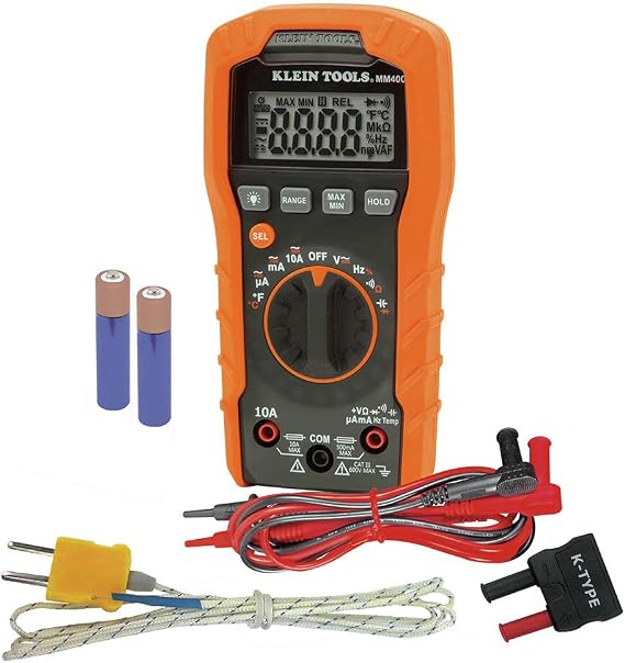 Klein Tools MM400 Multimeter, Digital Auto Ranging, AC/DC Voltage, Current, Capacitance, Frequency, Duty-Cycle, Diode, Continuity, Temp 600V