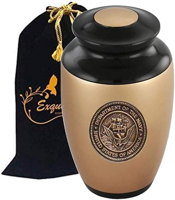 Exquisiteurn's Custom Gold Applique Cremation Urn - Adult Cremation Urn - Handcrafted Funeral Urn for Ashes - Metal Cremation Urn - Great Deal Free Bag (Department of The Navy)