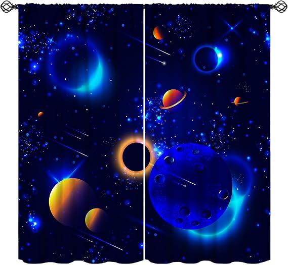 Outer Space Blackout Curtains Galaxy Solar System Planetary System Black and Blue Window Curtains for Kids Boys Girls Room Bedroom Decor Science Fiction Window Drapes 2 Panels 42x45 Inch