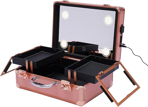 Makeup Train Case, Cosmetic Organizer Box Makeup Case with Lights and Mirror, Makeup Case with Customized Dividers, Large Makeup Artist Organizer Kit For Storing (Rose Gold)