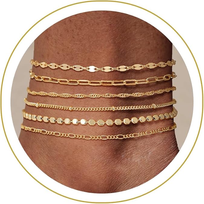 Tewiky Waterproof Ankle Bracelets for Women, 14K Real Gold Plated Anklets for Women 6PCS Anklet Set Dainty Summer Beach Jewelry