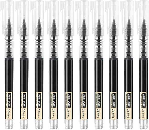 WRITECH Rolling Ball Pens Quick Dry Ink 0.5 mm Extra Fine Point Pens 10 Pcs Liquid Ink Pen Rollerball Pens Black Color