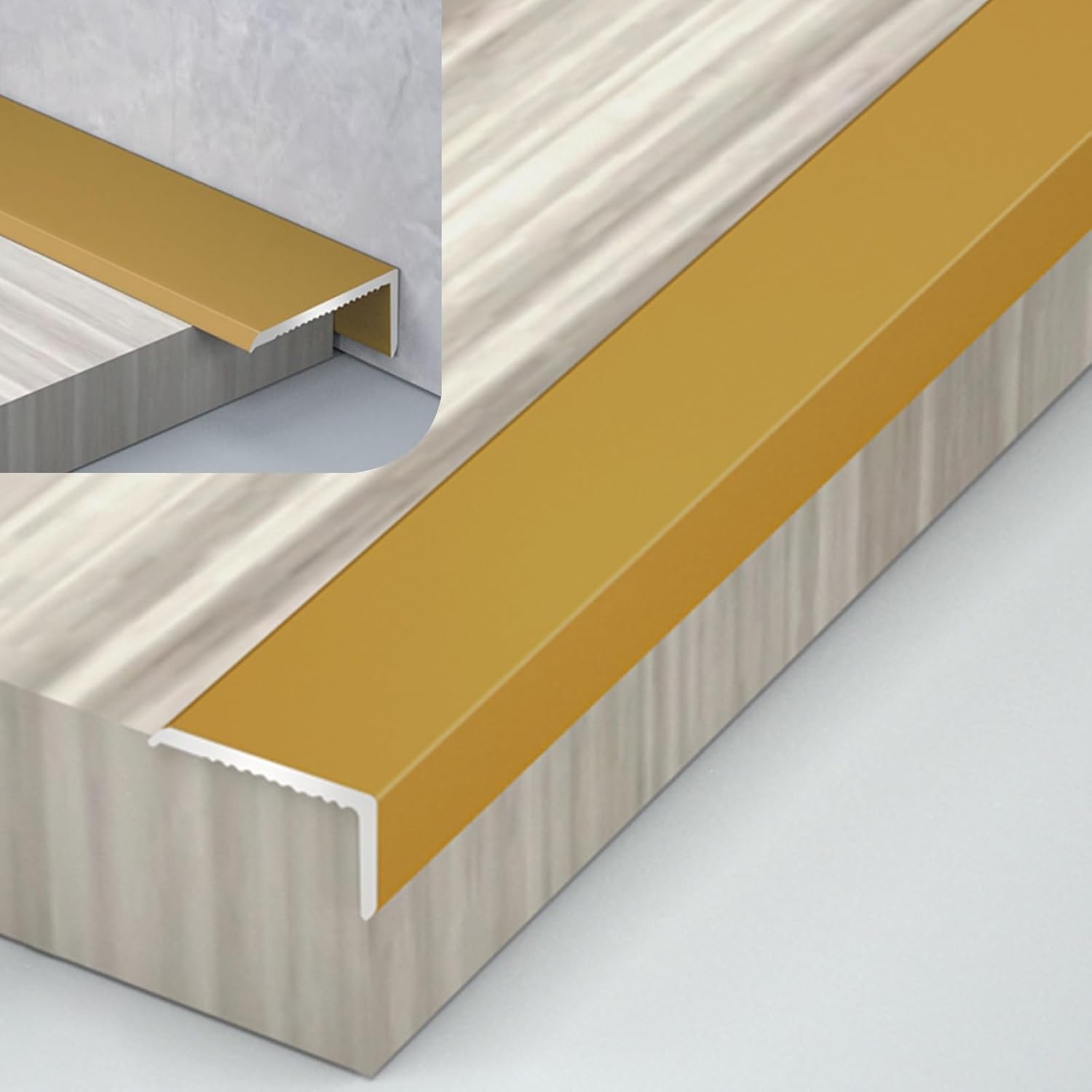 MPOWRX Floor Transition Strip L-Shape Vinyl Floor Step Tread Strip, 8.8ft Durability Stair Nosing Edge Trim, Aluminum Alloy Edging Protector for Hardwood FlooringGold, 753951