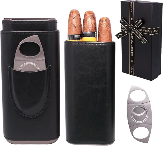 Soft Leather Cigar Case - Travel Humidor Accessories with Cutter and Small Humidifier - 3-Finger Portable Cigar Carrying Case, Black