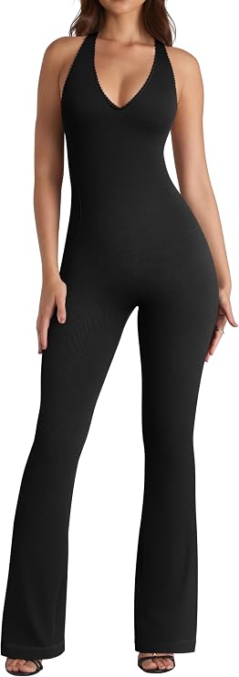 OQQ Jumpsuits for Women Fall Winter Halterneck Sleeveless Lace-Trim Flared Jumpsuit