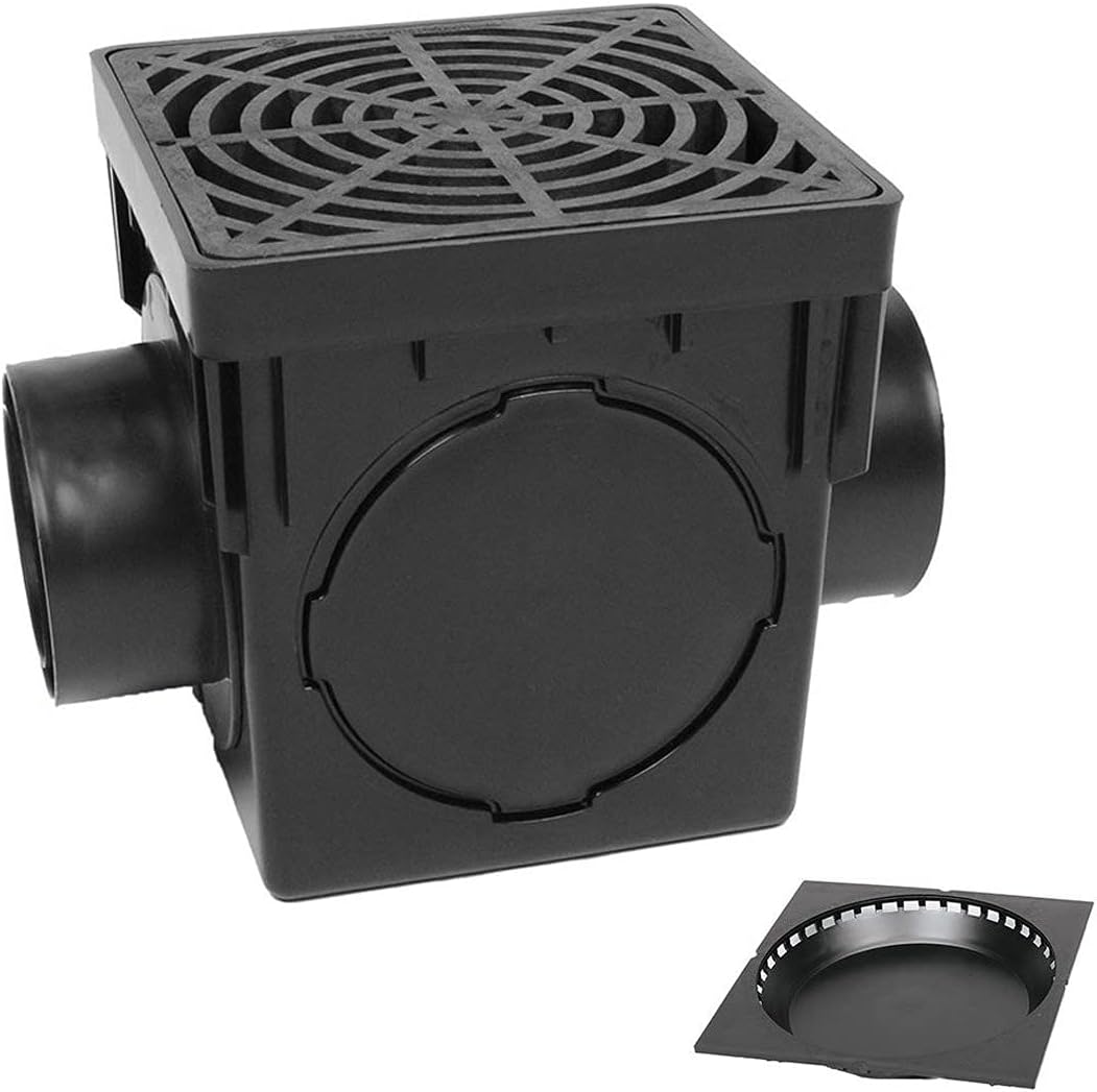 Storm Drain 9 Square Catch Lavatory Yard Drain Kit with Garbage Trap Black Grate, 9