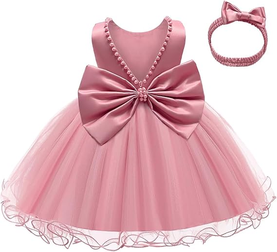 LZH Flower Girl Dress Satin Baby Girl Formal Tulle Dress Bow Headband 0-3Y