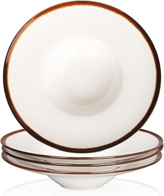 Soup Bowls soup Plate 7 oz Pasta Plate, Set of 4 White Shallow Bowl Plates,Porcelain Rimmed Bowls with Rim, Microwave ovens and refrigerators safe 10.5 Inch