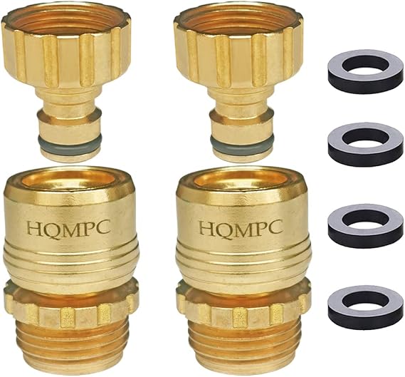 HQMPC Garden Hose Quick Connect Solid Brass Garden Hose Quick Connector For Garden watering 3/4 inch GHT (2 Sets, No Pb)