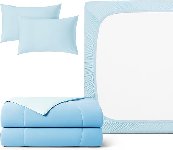 REST Buy 2 GET 35% Percent Off: Evercool Comforter Plus 3PC Starter Sheet Set Bundle, in Light Blue, Cali King Size