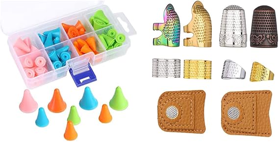 10pcs Hand-Working Sewing Thimble and 48 PCS Multi-Colored Knitting Needles Point Protectors/Stoppers with Plastic Box