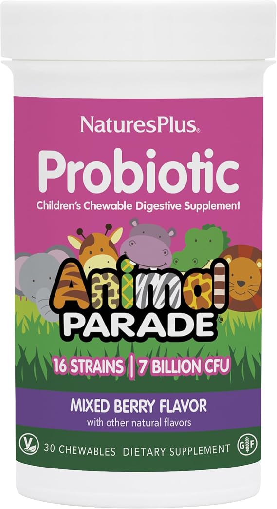 NaturesPlus Animal Parade Probiotic, Mixed Berry - 30 Chewables - Childrens Digestion Supplement - Supports Gut Health & Immune Function - Vegan, Gluten Free - 30 Servings